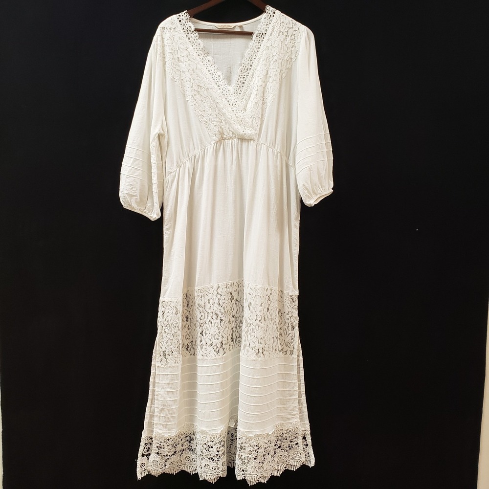Soft Surroundings Women Lace Long Sleeve V Neck Sheer Dress Size L White Crochet